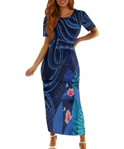 Women's Traditional Polynesian Puletasi Samoa Dress Short Sleeve Top Dress 2 Piece Set Blue Polynesian Tapa $23.84 Dresses