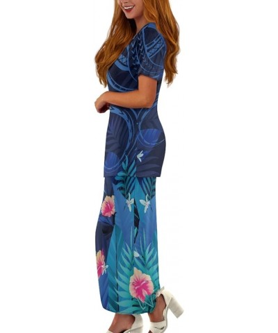 Women's Traditional Polynesian Puletasi Samoa Dress Short Sleeve Top Dress 2 Piece Set Blue Polynesian Tapa $23.84 Dresses