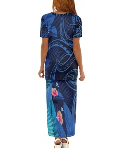 Women's Traditional Polynesian Puletasi Samoa Dress Short Sleeve Top Dress 2 Piece Set Blue Polynesian Tapa $23.84 Dresses