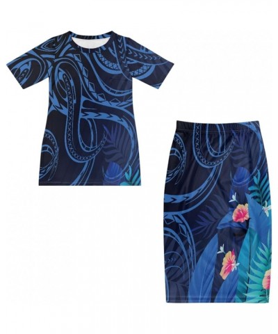 Women's Traditional Polynesian Puletasi Samoa Dress Short Sleeve Top Dress 2 Piece Set Blue Polynesian Tapa $23.84 Dresses