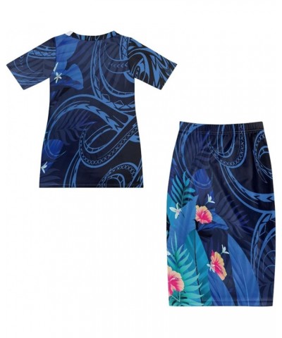 Women's Traditional Polynesian Puletasi Samoa Dress Short Sleeve Top Dress 2 Piece Set Blue Polynesian Tapa $23.84 Dresses