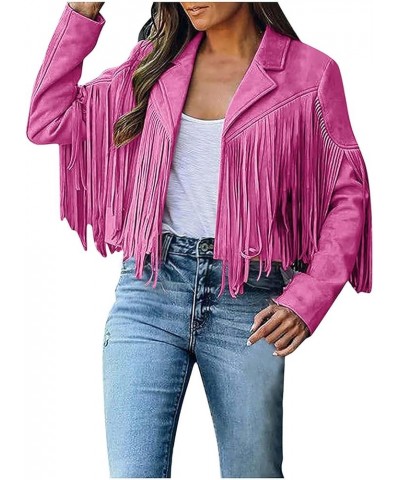 Women's Fringe Jackets Faux Suede Leather Jackets Tassel Motorcycle Cropped Coats Lapel Open Front Blazer Jacket Hot Pink $13...