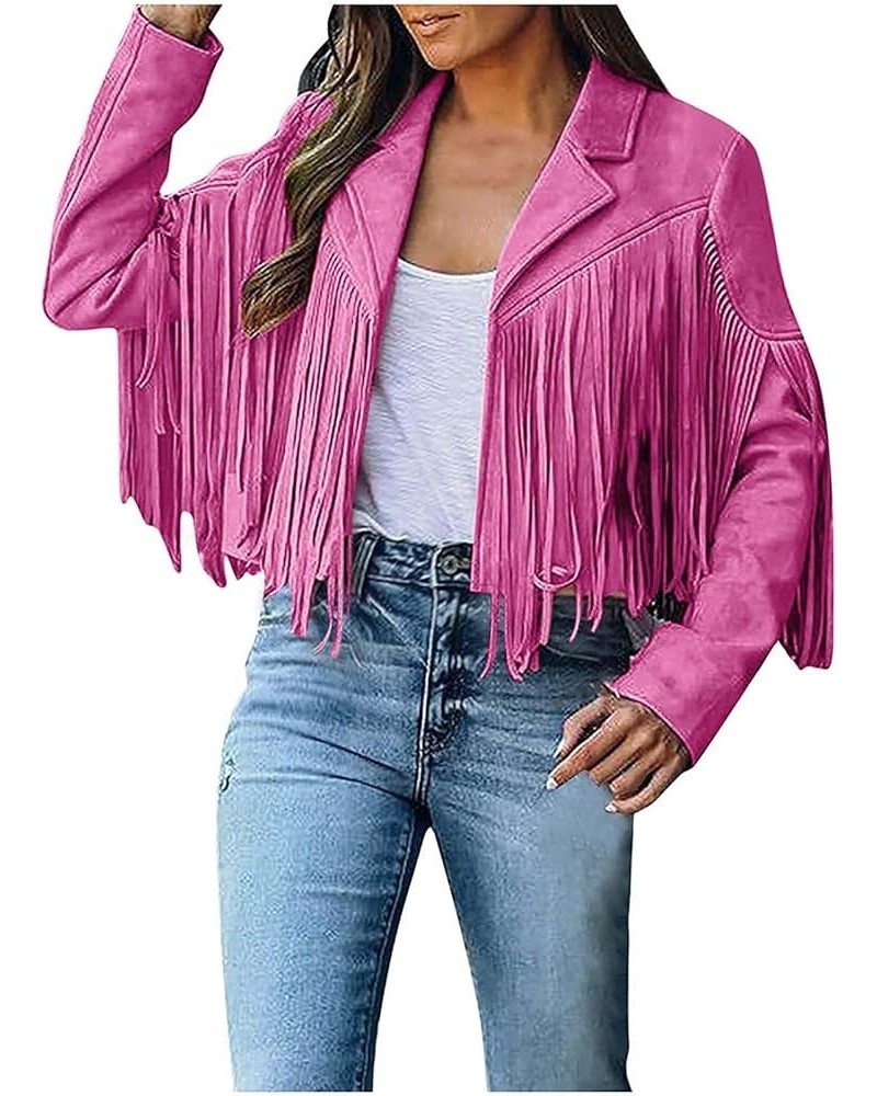 Women's Fringe Jackets Faux Suede Leather Jackets Tassel Motorcycle Cropped Coats Lapel Open Front Blazer Jacket Hot Pink $13...