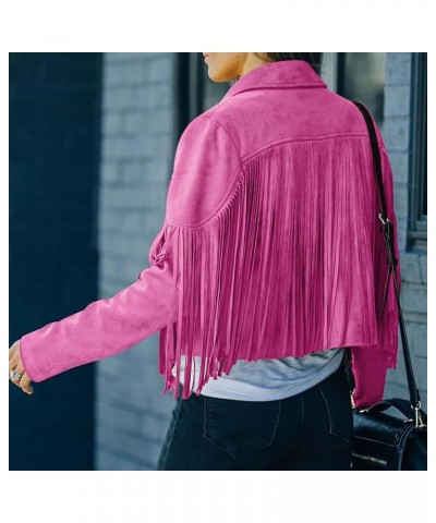 Women's Fringe Jackets Faux Suede Leather Jackets Tassel Motorcycle Cropped Coats Lapel Open Front Blazer Jacket Hot Pink $13...