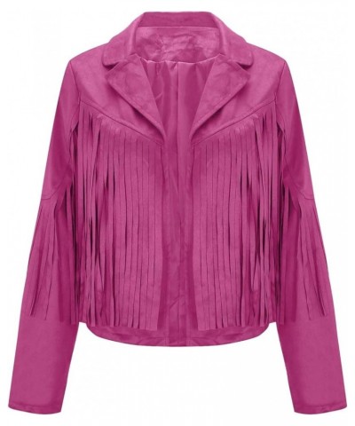 Women's Fringe Jackets Faux Suede Leather Jackets Tassel Motorcycle Cropped Coats Lapel Open Front Blazer Jacket Hot Pink $13...