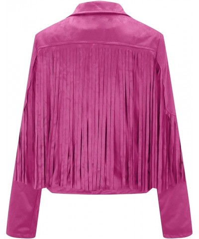 Women's Fringe Jackets Faux Suede Leather Jackets Tassel Motorcycle Cropped Coats Lapel Open Front Blazer Jacket Hot Pink $13...