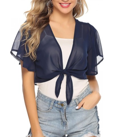 Women Tie Front Chiffon Shrug Short Sleeve Cropped Sheer Bolero Shrug Cardigan Navy Blue $11.74 Sweaters