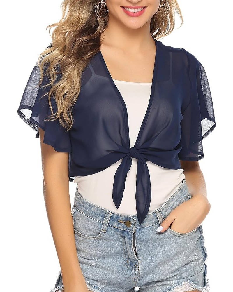 Women Tie Front Chiffon Shrug Short Sleeve Cropped Sheer Bolero Shrug Cardigan Navy Blue $11.74 Sweaters