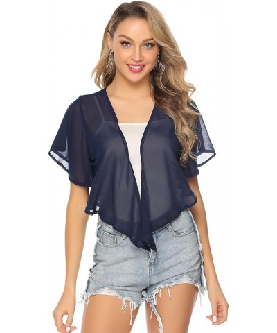 Women Tie Front Chiffon Shrug Short Sleeve Cropped Sheer Bolero Shrug Cardigan Navy Blue $11.74 Sweaters