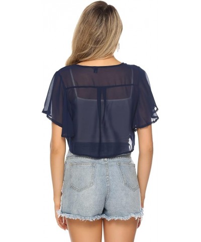 Women Tie Front Chiffon Shrug Short Sleeve Cropped Sheer Bolero Shrug Cardigan Navy Blue $11.74 Sweaters