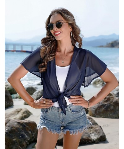 Women Tie Front Chiffon Shrug Short Sleeve Cropped Sheer Bolero Shrug Cardigan Navy Blue $11.74 Sweaters