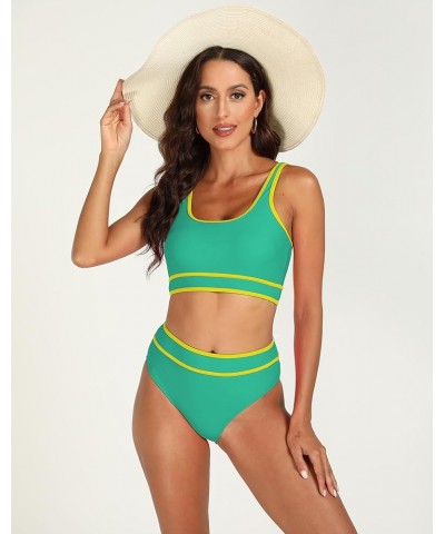 Bikini Set for Women Scoop Neck Color Block High Waisted Bathing Suit 2 Piece Sporty Cheeky Swimsuit Green $16.73 Swimsuits