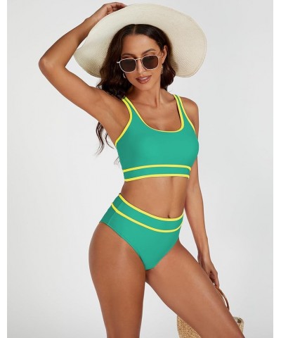 Bikini Set for Women Scoop Neck Color Block High Waisted Bathing Suit 2 Piece Sporty Cheeky Swimsuit Green $16.73 Swimsuits