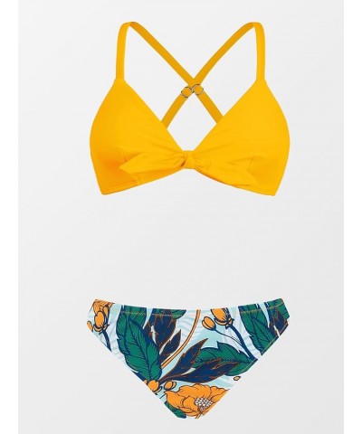 Women's Two Piece Bikini Set Floral Print Knot Bunny Tie Yellow $17.86 Swimsuits