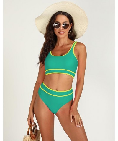 Bikini Set for Women Scoop Neck Color Block High Waisted Bathing Suit 2 Piece Sporty Cheeky Swimsuit Green $16.73 Swimsuits