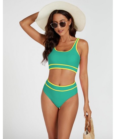 Bikini Set for Women Scoop Neck Color Block High Waisted Bathing Suit 2 Piece Sporty Cheeky Swimsuit Green $16.73 Swimsuits