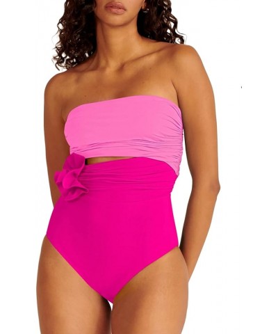 Womens One Piece Swimsuits Ruched Tummy Control 3D Floral Bathing Suit Bandeau Swimwear with Removable Straps Barbie Pink $16...