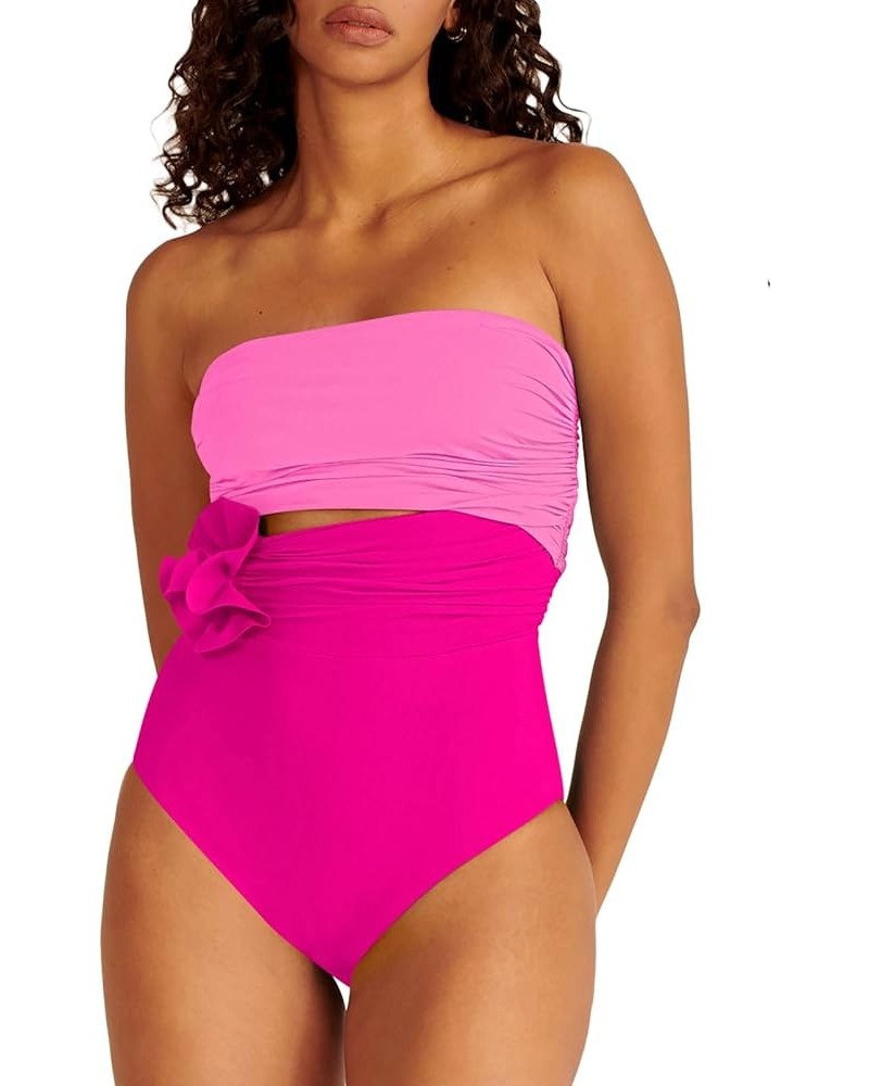 Womens One Piece Swimsuits Ruched Tummy Control 3D Floral Bathing Suit Bandeau Swimwear with Removable Straps Barbie Pink $16...