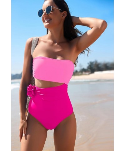 Womens One Piece Swimsuits Ruched Tummy Control 3D Floral Bathing Suit Bandeau Swimwear with Removable Straps Barbie Pink $16...