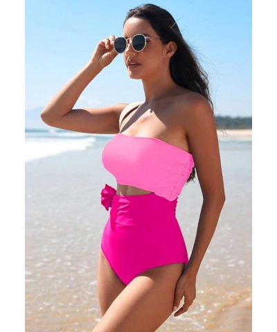 Womens One Piece Swimsuits Ruched Tummy Control 3D Floral Bathing Suit Bandeau Swimwear with Removable Straps Barbie Pink $16...