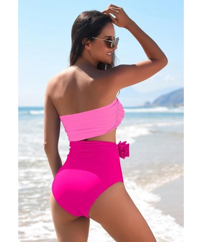 Womens One Piece Swimsuits Ruched Tummy Control 3D Floral Bathing Suit Bandeau Swimwear with Removable Straps Barbie Pink $16...