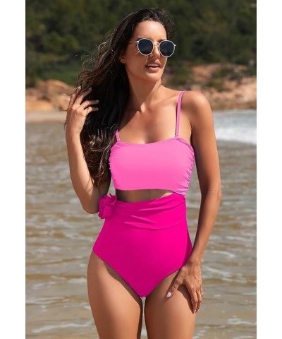 Womens One Piece Swimsuits Ruched Tummy Control 3D Floral Bathing Suit Bandeau Swimwear with Removable Straps Barbie Pink $16...