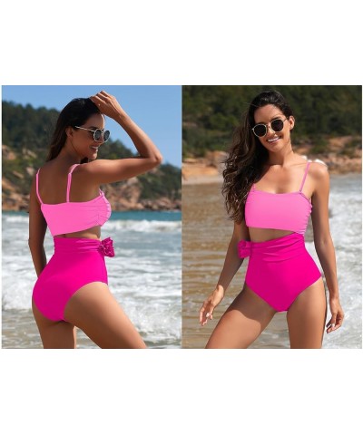 Womens One Piece Swimsuits Ruched Tummy Control 3D Floral Bathing Suit Bandeau Swimwear with Removable Straps Barbie Pink $16...