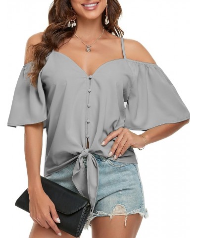 Women's Summer Tops Sexy Off Shoulder Top Ruffle Short Sleeve Shirts Spaghetti ​Straps V Neck Button Blouses Outfit Grey $16....