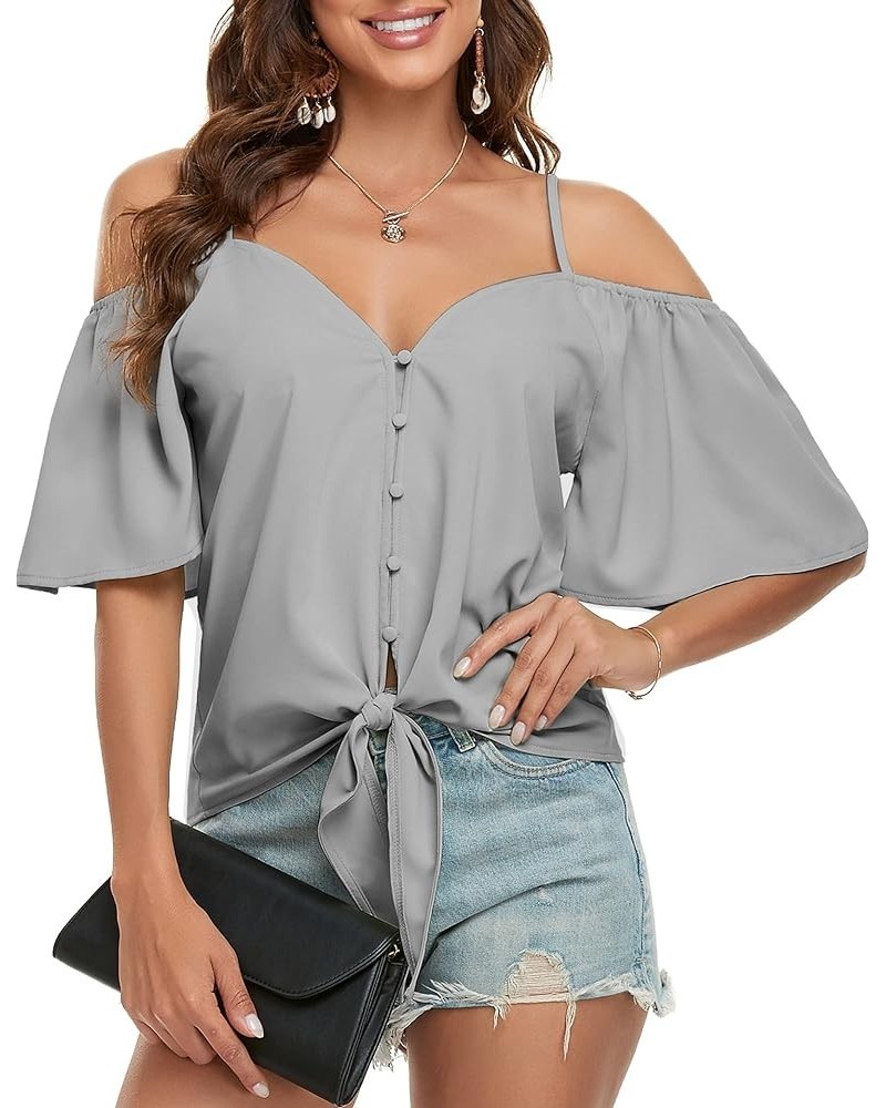 Women's Summer Tops Sexy Off Shoulder Top Ruffle Short Sleeve Shirts Spaghetti ​Straps V Neck Button Blouses Outfit Grey $16....