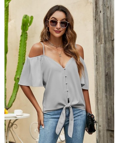 Women's Summer Tops Sexy Off Shoulder Top Ruffle Short Sleeve Shirts Spaghetti ​Straps V Neck Button Blouses Outfit Grey $16....