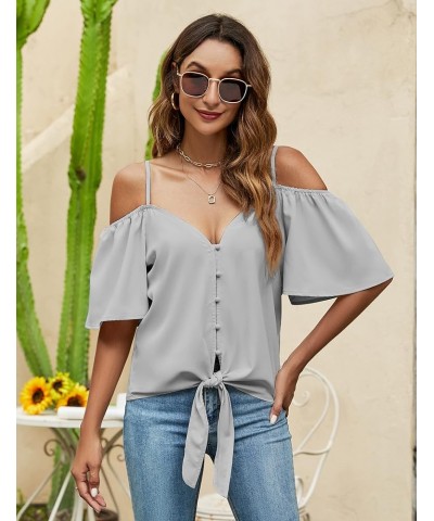 Women's Summer Tops Sexy Off Shoulder Top Ruffle Short Sleeve Shirts Spaghetti ​Straps V Neck Button Blouses Outfit Grey $16....