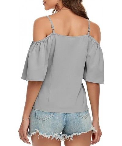 Women's Summer Tops Sexy Off Shoulder Top Ruffle Short Sleeve Shirts Spaghetti ​Straps V Neck Button Blouses Outfit Grey $16....