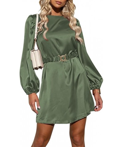 Women's Short Formal Satin Dress 2023 Fall Lantern Long Sleeve Boat Neck Metal Belt Cocktail Party Dresses Army Green $27.25 ...