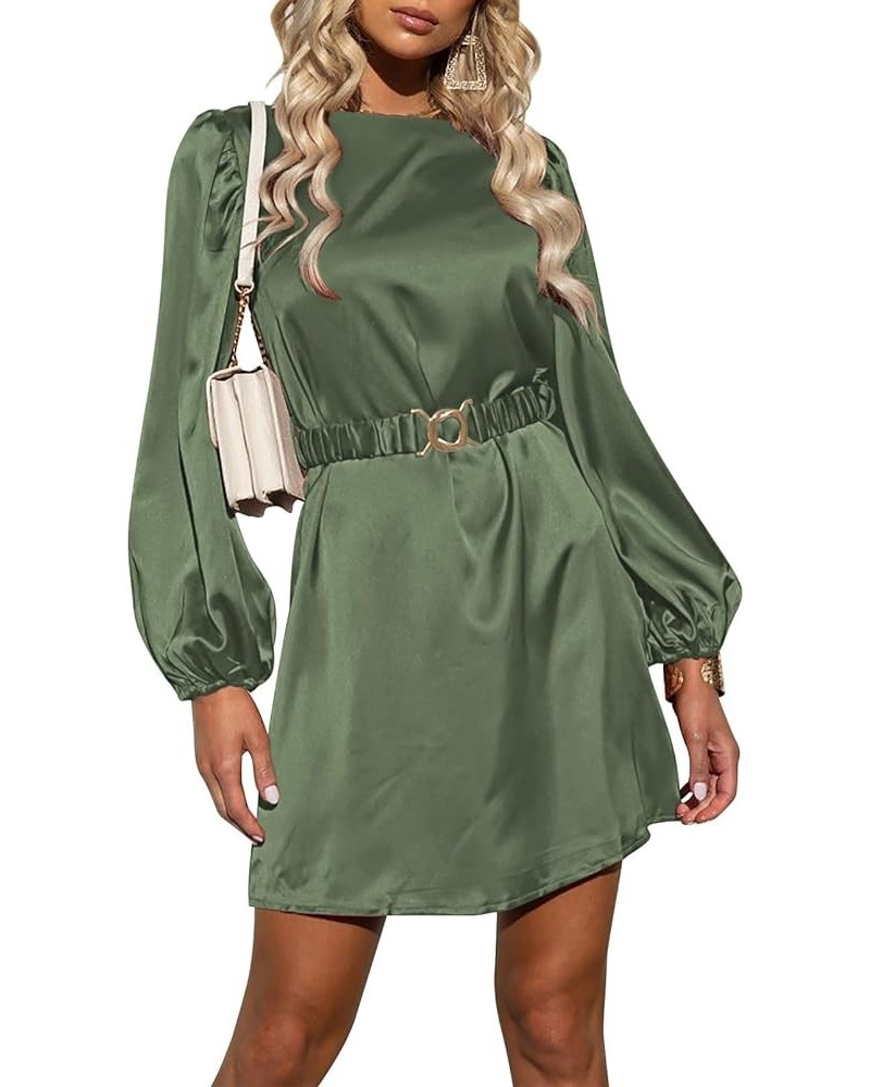 Women's Short Formal Satin Dress 2023 Fall Lantern Long Sleeve Boat Neck Metal Belt Cocktail Party Dresses Army Green $27.25 ...