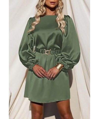 Women's Short Formal Satin Dress 2023 Fall Lantern Long Sleeve Boat Neck Metal Belt Cocktail Party Dresses Army Green $27.25 ...