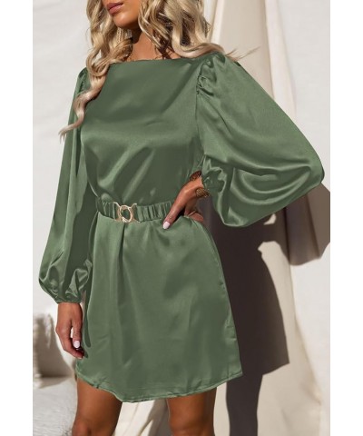 Women's Short Formal Satin Dress 2023 Fall Lantern Long Sleeve Boat Neck Metal Belt Cocktail Party Dresses Army Green $27.25 ...