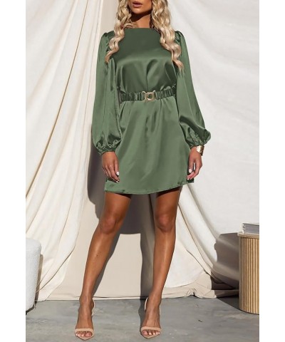 Women's Short Formal Satin Dress 2023 Fall Lantern Long Sleeve Boat Neck Metal Belt Cocktail Party Dresses Army Green $27.25 ...