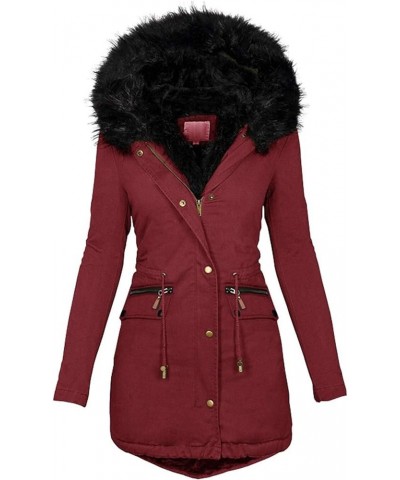 Womens Hooded Parka Jacket Thicken Fleece Outwear Lined Down Long Coats Warm Overcoat Ladies Winter With Fur Hood Wine $18.69...