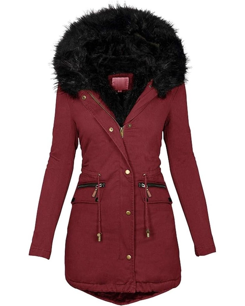 Womens Hooded Parka Jacket Thicken Fleece Outwear Lined Down Long Coats Warm Overcoat Ladies Winter With Fur Hood Wine $18.69...