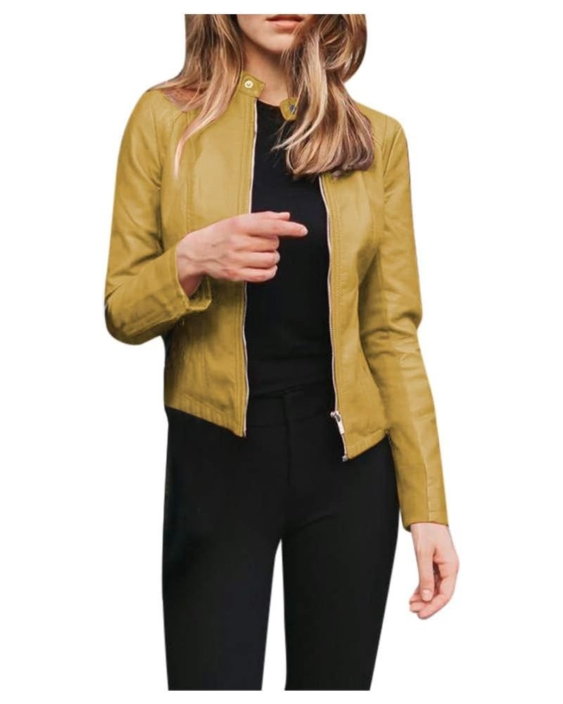 Women'S Faux Leather Jacket with Faux Fura Collar Long Sleeve Short Cardigan Slim Jacket Coat Hoodies for Women Yellow-7 $14....