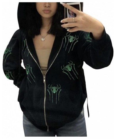 Women Men Y2K Rhinestone Spider Hoodies Punk Jackets Streetwear Goth Harajuku Oversized Graphic Full Zip Up Hoodie Green Spid...