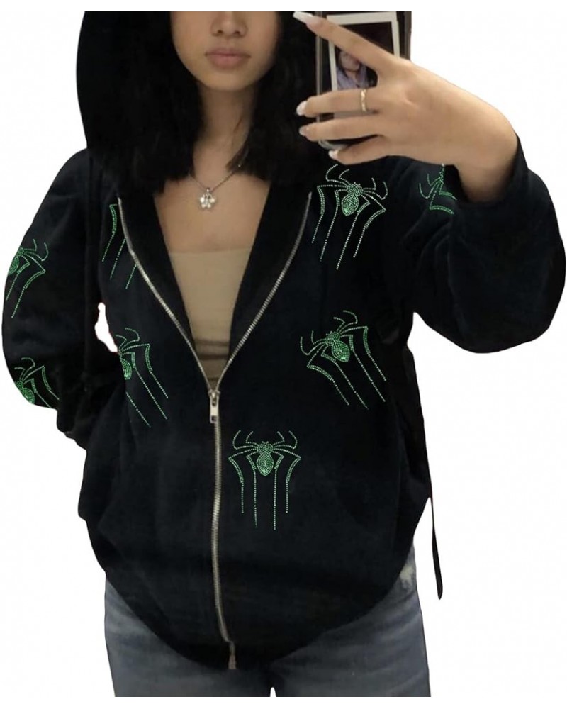 Women Men Y2K Rhinestone Spider Hoodies Punk Jackets Streetwear Goth Harajuku Oversized Graphic Full Zip Up Hoodie Green Spid...