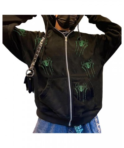 Women Men Y2K Rhinestone Spider Hoodies Punk Jackets Streetwear Goth Harajuku Oversized Graphic Full Zip Up Hoodie Green Spid...