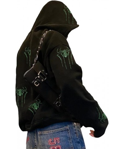 Women Men Y2K Rhinestone Spider Hoodies Punk Jackets Streetwear Goth Harajuku Oversized Graphic Full Zip Up Hoodie Green Spid...