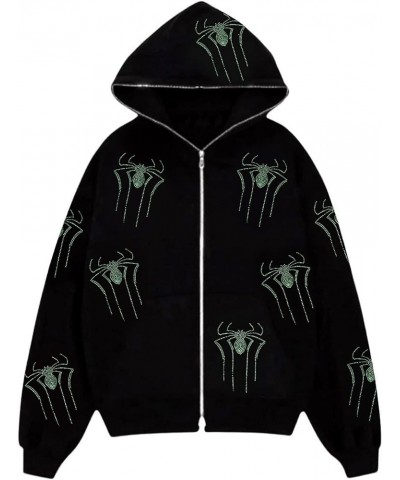 Women Men Y2K Rhinestone Spider Hoodies Punk Jackets Streetwear Goth Harajuku Oversized Graphic Full Zip Up Hoodie Green Spid...