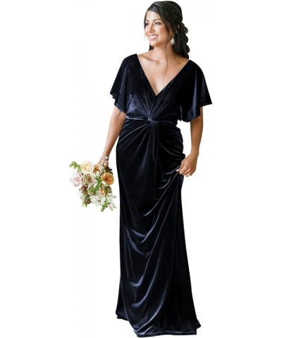 Ruffle Sleeves Bridesmaid Dresses Long Empire Waist Velvet Winter Wedding Guset Dress SYYS368 Navy $31.50 Dresses