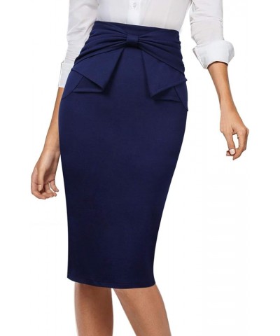 Womens Pleated Bow High Waist Slim Work Office Business Pencil Skirt Navy Blue $14.80 Skirts