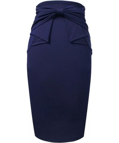 Womens Pleated Bow High Waist Slim Work Office Business Pencil Skirt Navy Blue $14.80 Skirts