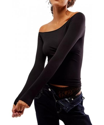 Y2k Skinny Off Shoulder Long Sleeve Shirts for Women Sexy Going Out Slim Crop Top Solid Streetwear Tees 05-slim Fit Black $7....