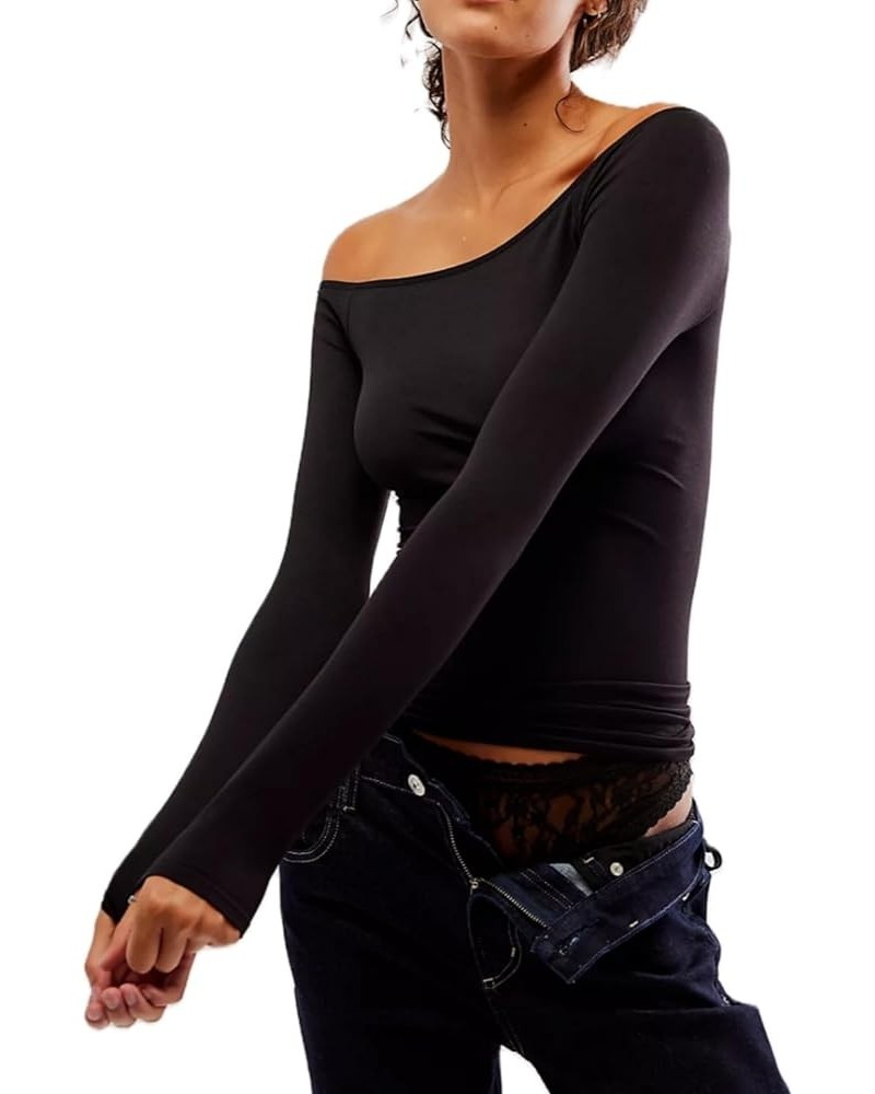 Y2k Skinny Off Shoulder Long Sleeve Shirts for Women Sexy Going Out Slim Crop Top Solid Streetwear Tees 05-slim Fit Black $7....